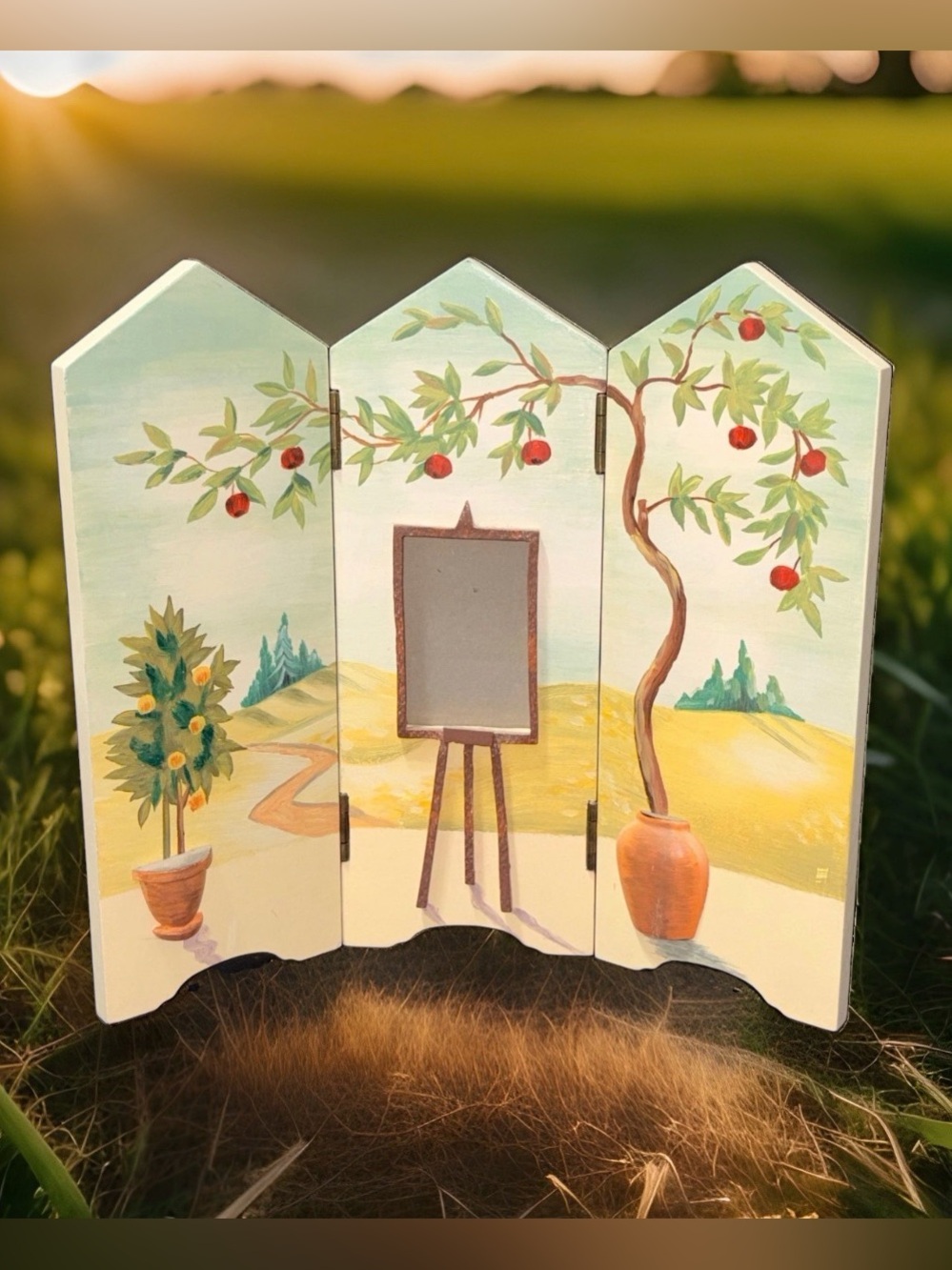 Vtg Hand Painted Wood Triptych Folding Screen Tabletop Photo Frame Landscape